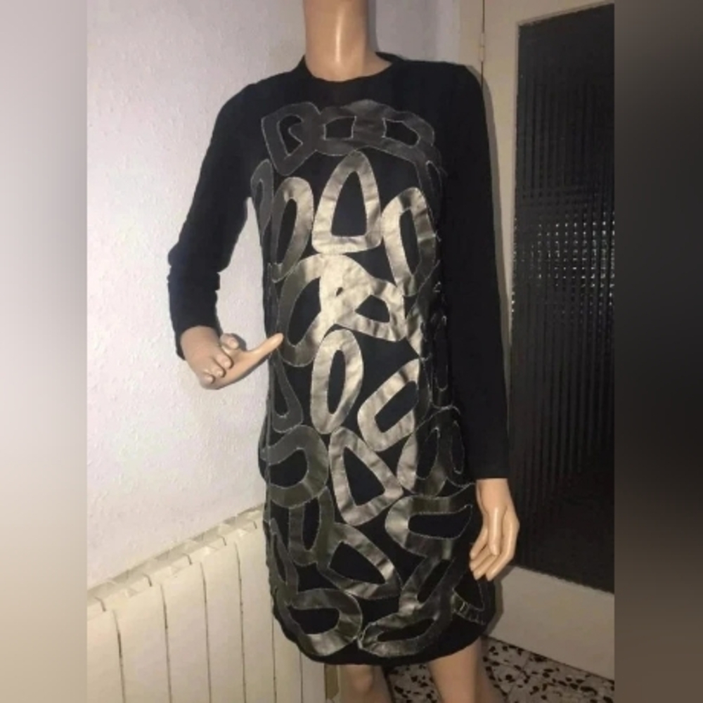 Elegant Black Long-Sleeve Dress with Silver Abstract Detail